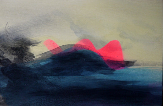 Abstract painting with red shapes on a textured surface