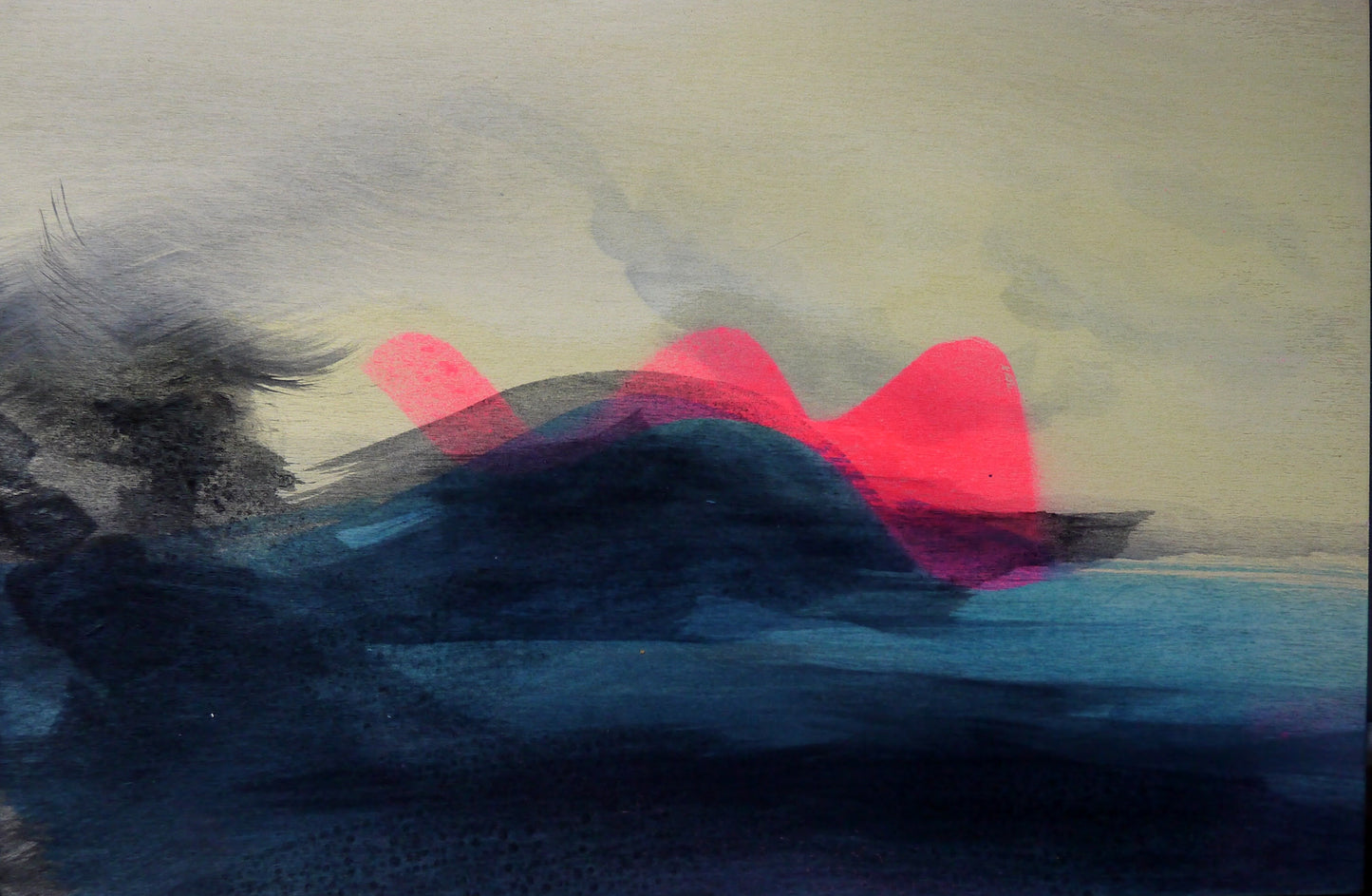 Abstract painting with red shapes on a textured surface