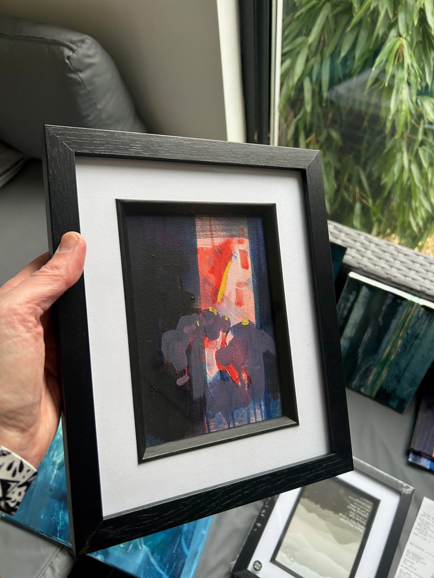 Neon Quiet. Ink & Acrylic on canvas board. Framed.