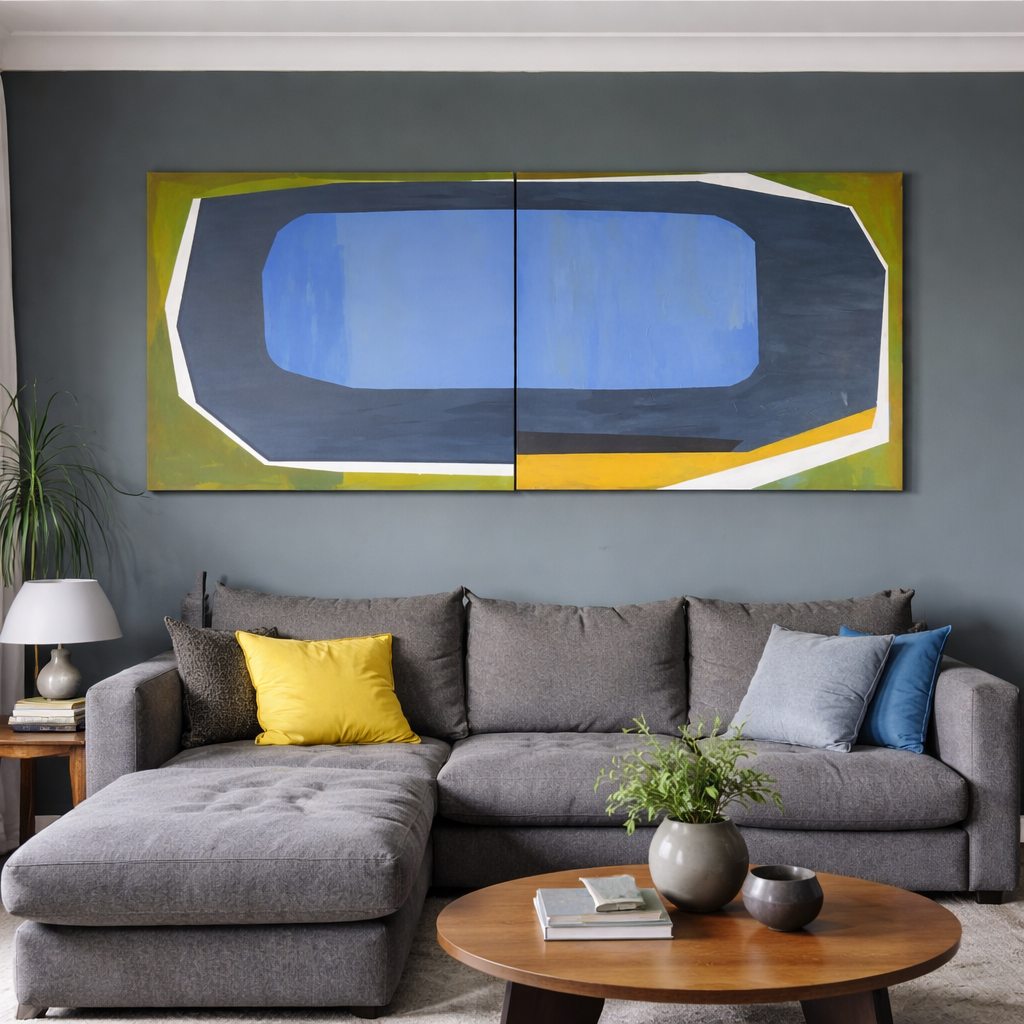 Living room with a gray sectional sofa, colorful cushions, and a large abstract painting on the wall.